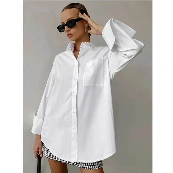 White Loose Fitting Dress Shirt Button Down, Long Sleeve - Picture 1 of 9